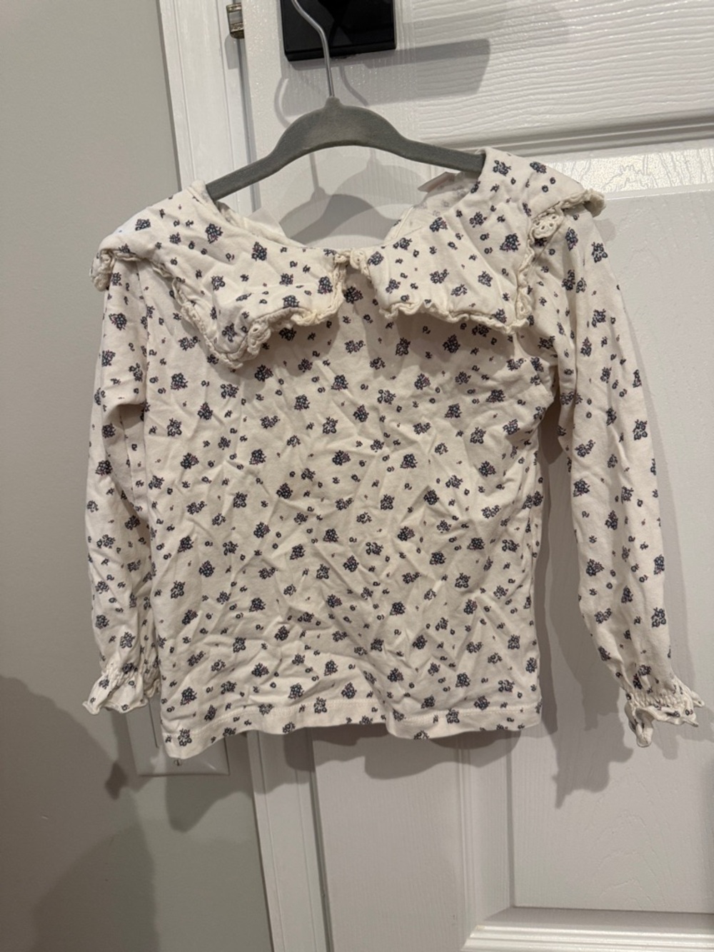 Zara Cream Long-Sleeve Ruffle Collar Top with Blue Floral